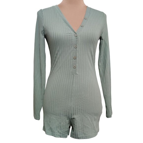 Womens Romper Pajama One Piece Ribbed Long Sleeve Button Front Sage Green Size S - Picture 1 of 5